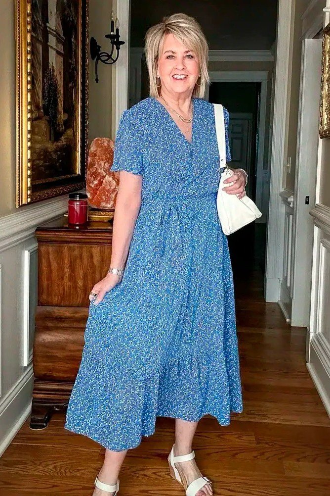 Blue floral maxi summer dress for older women indoors