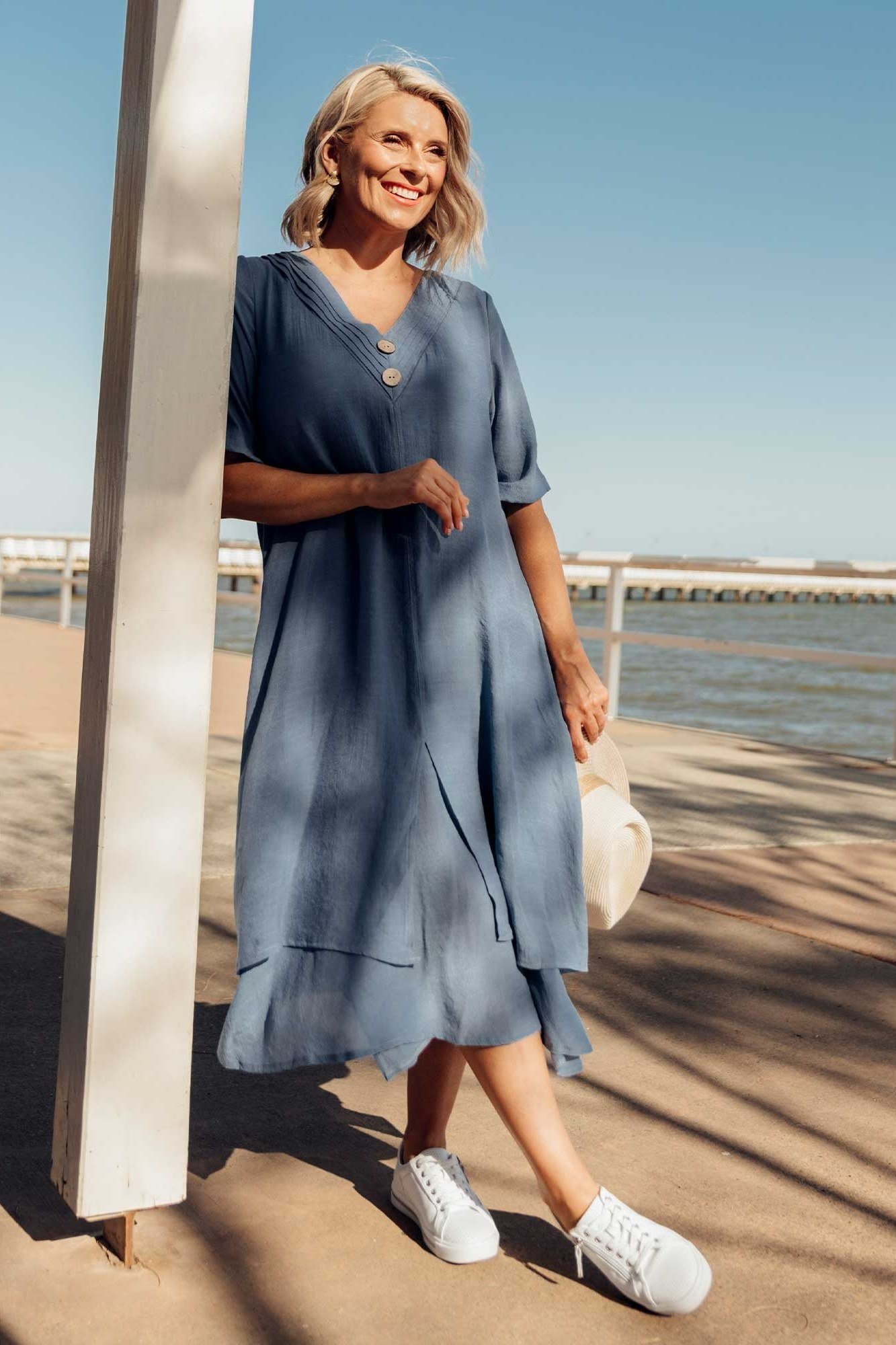 Slate blue casual midi summer dress for older women