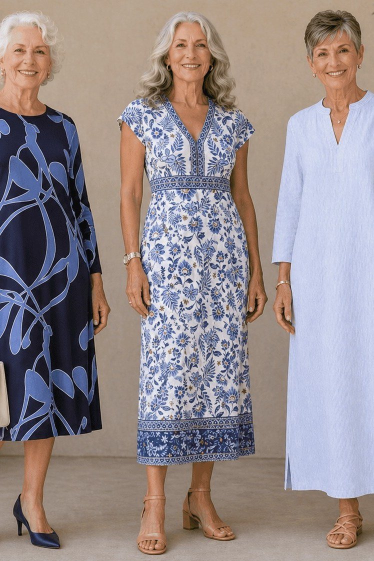 Three older women in white and blue summer dresses
