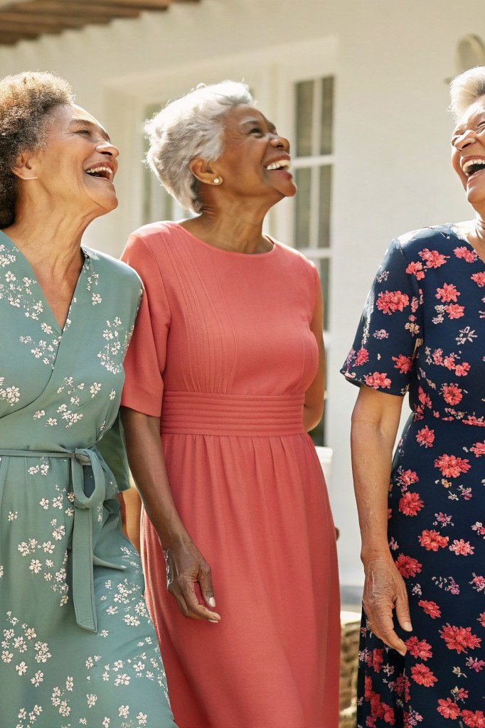 Three older women in floral summer dresses on a porch
