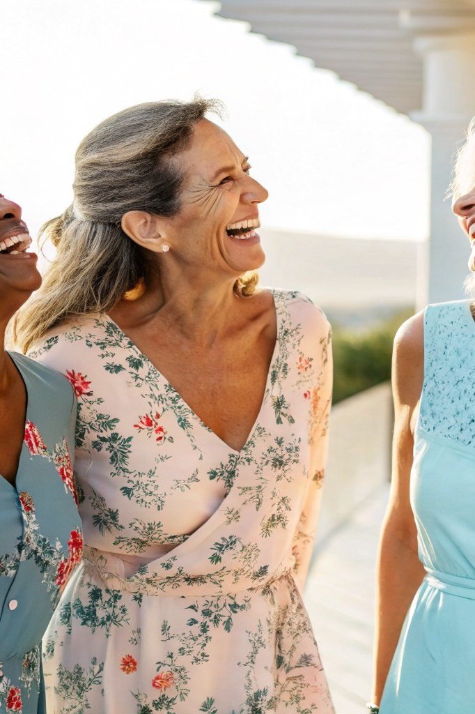 Three older women in pastel summer dresses laughing together