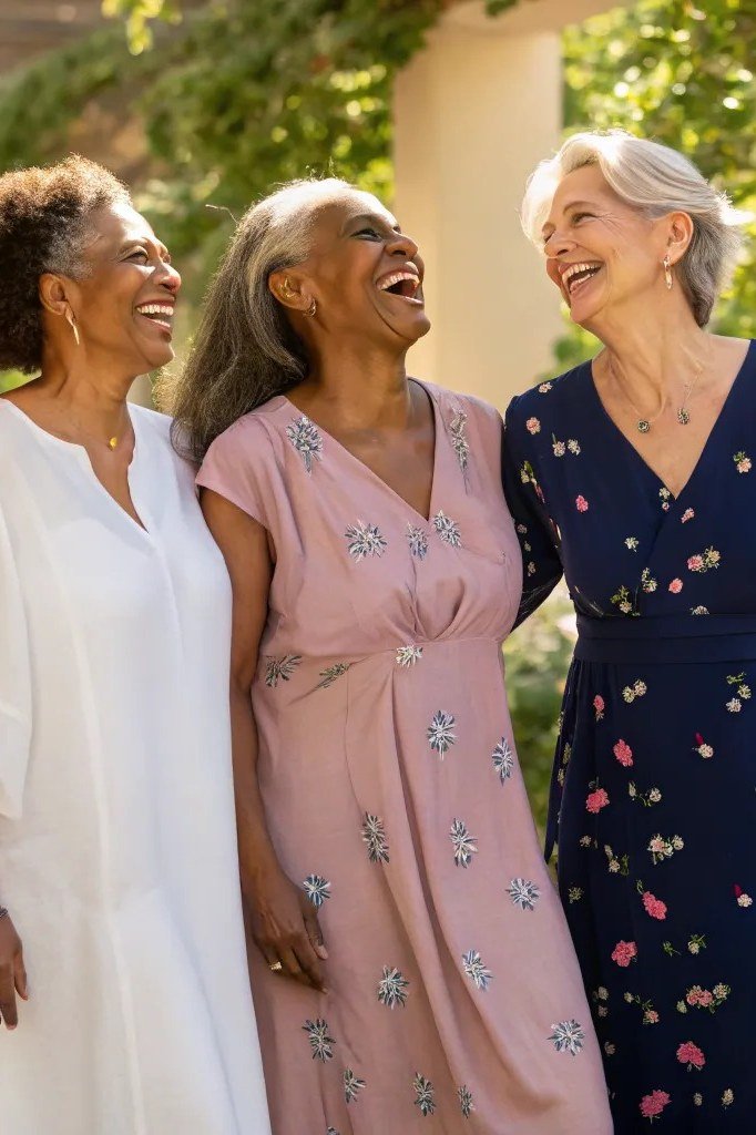 Three older women in navy pink and white summer dresses