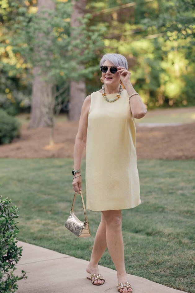 Yellow shift summer dress for older women