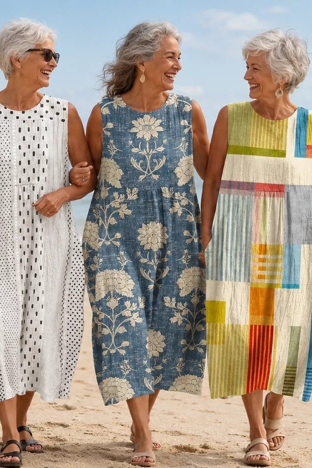 Three older women in colorful beach summer dresses