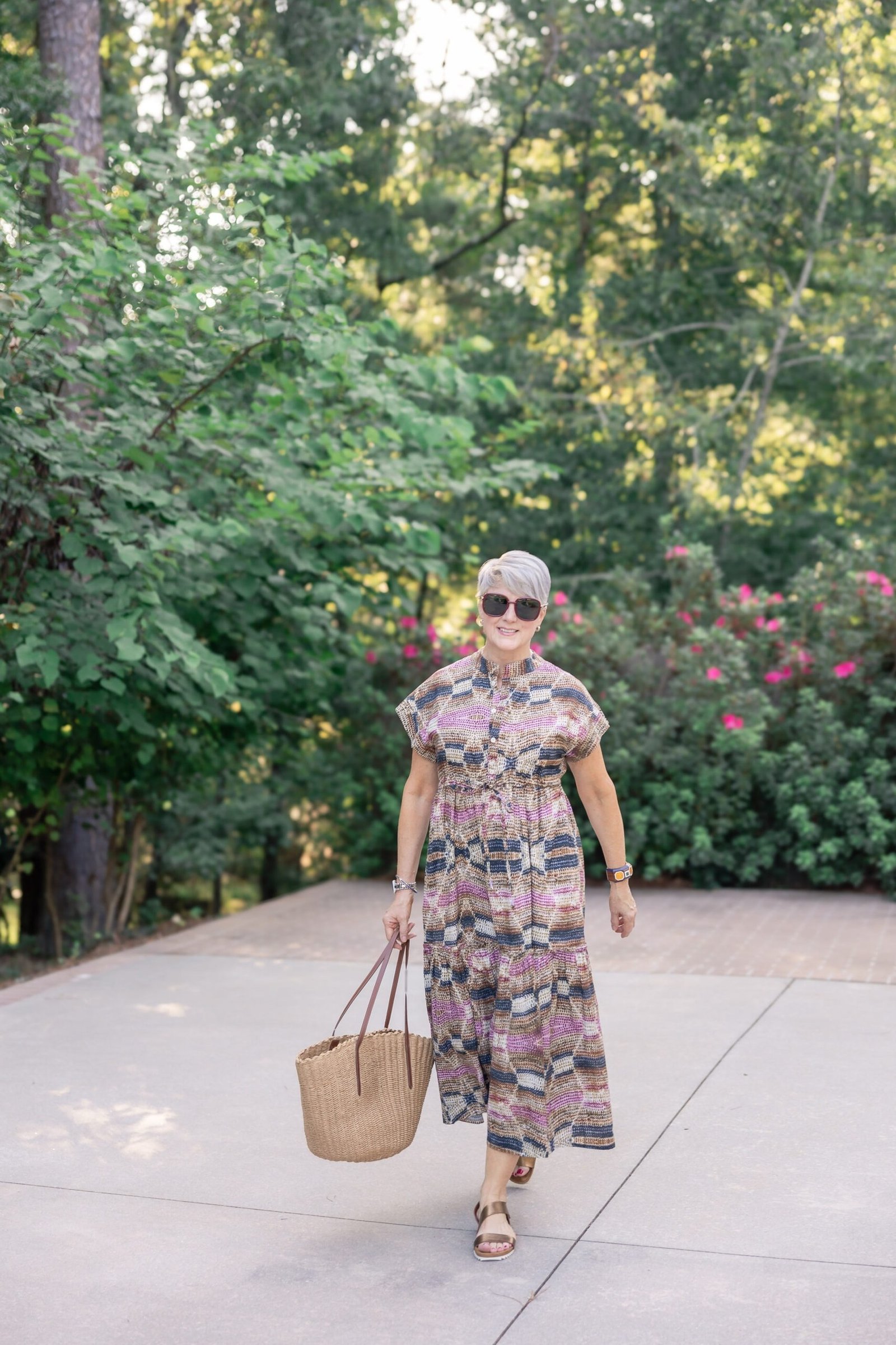Patterned maxi summer dress for older women on a stroll