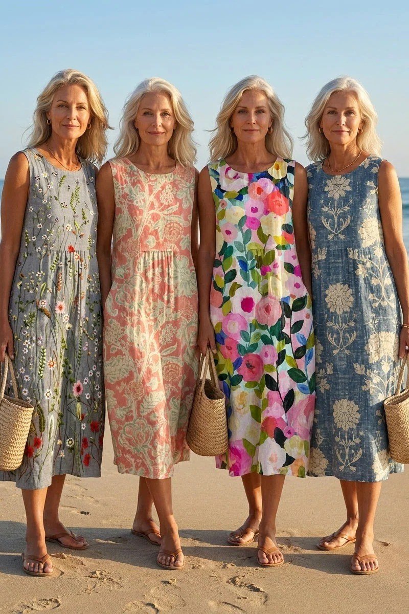 Four older women in floral beach summer dresses
