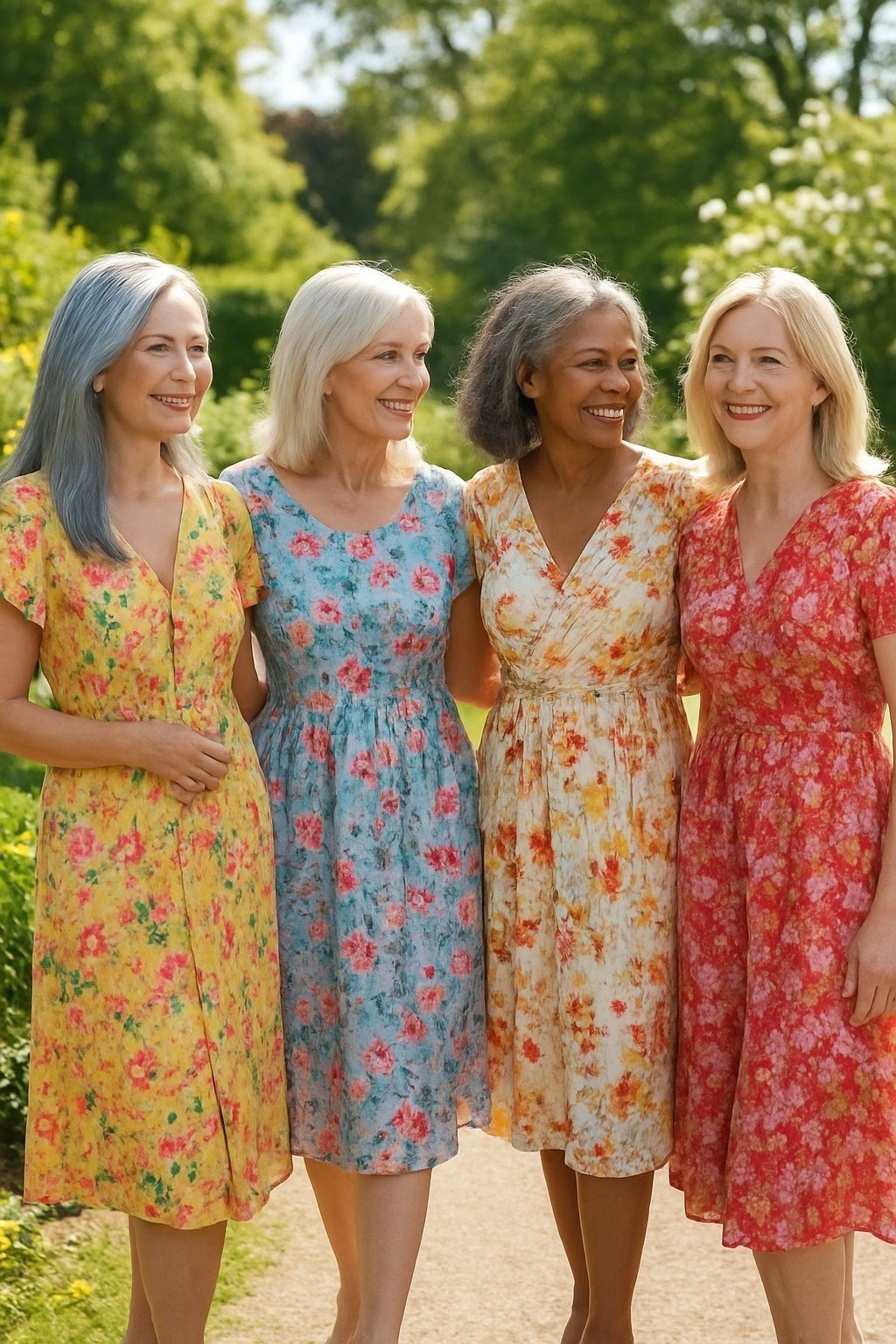 Four older women in colorful floral summer dresses