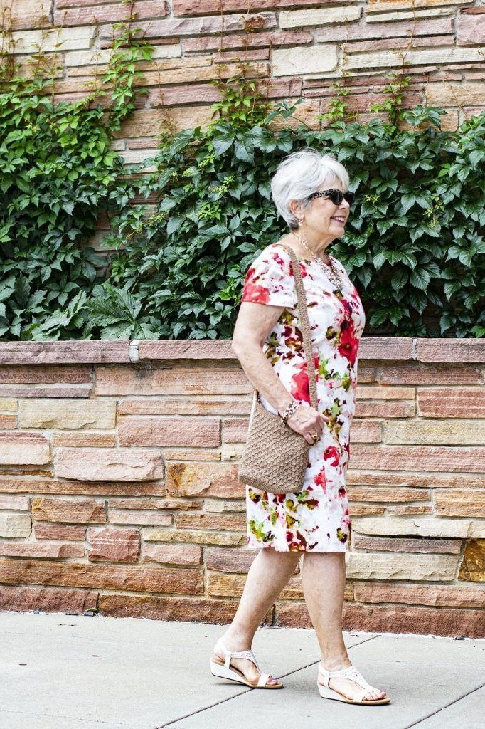 Floral sheath summer dress for older women side view