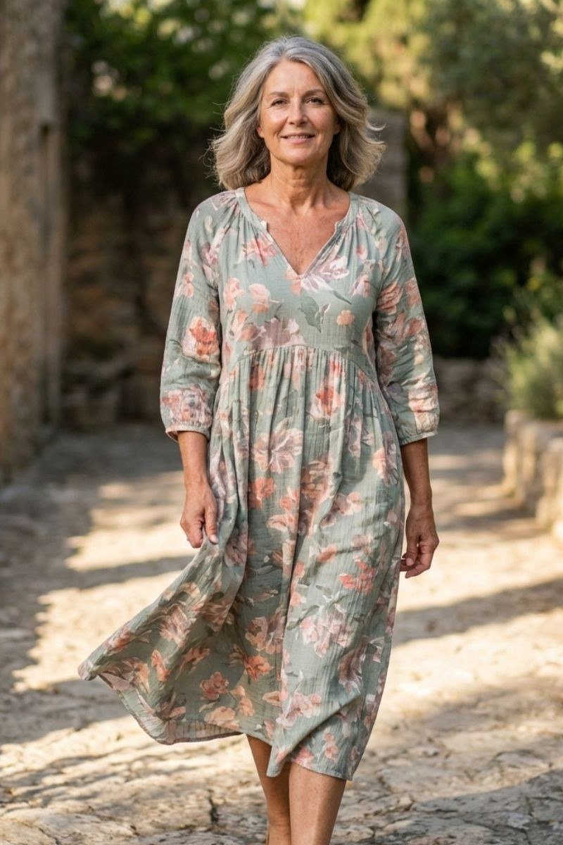 Sage floral maxi summer dress for older women in a garden