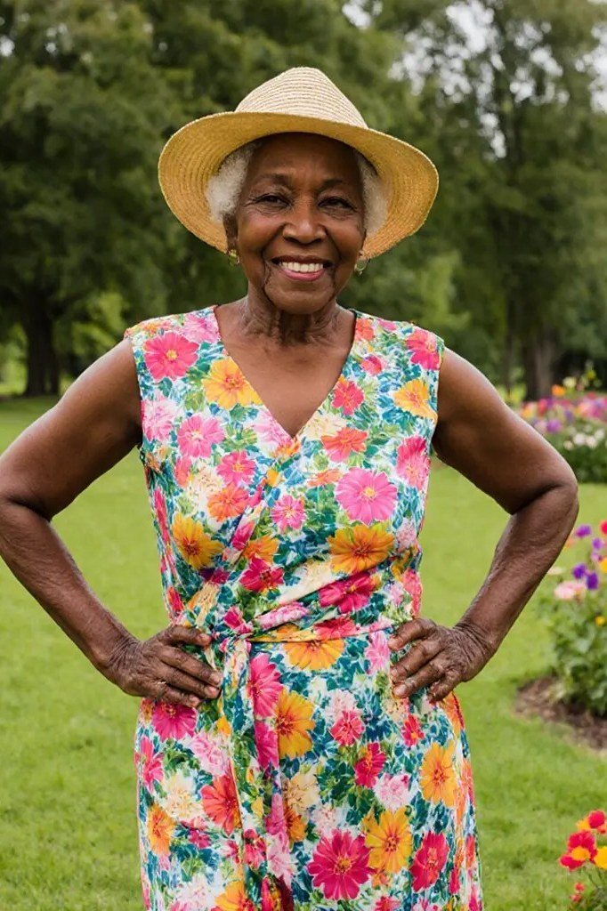 Colorful floral wrap summer dress for older women
