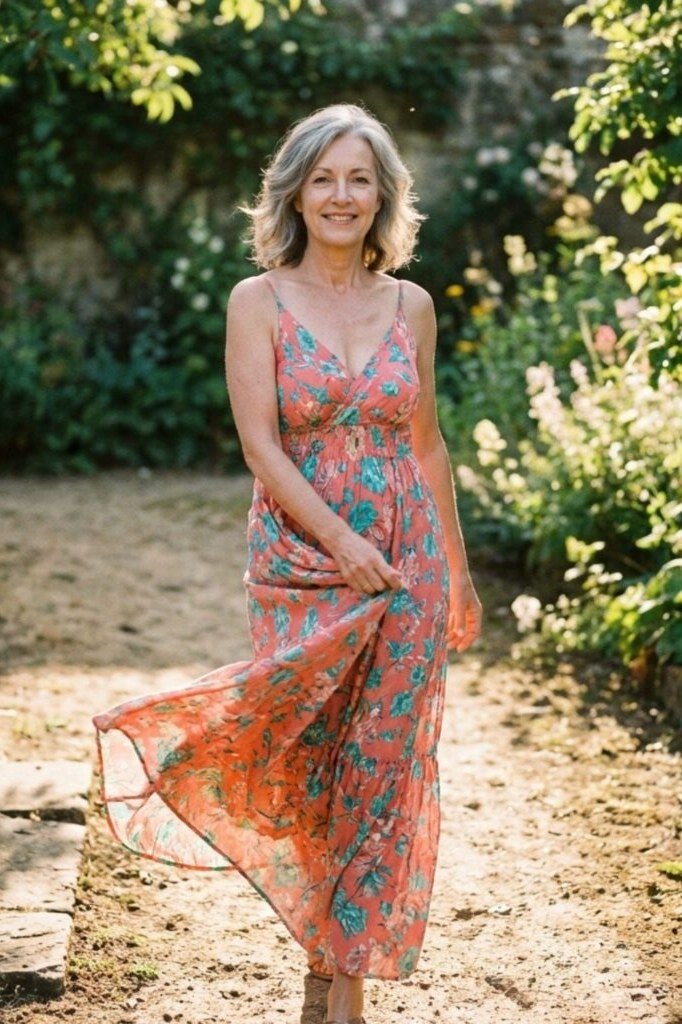Teal and orange floral maxi summer dress for older women