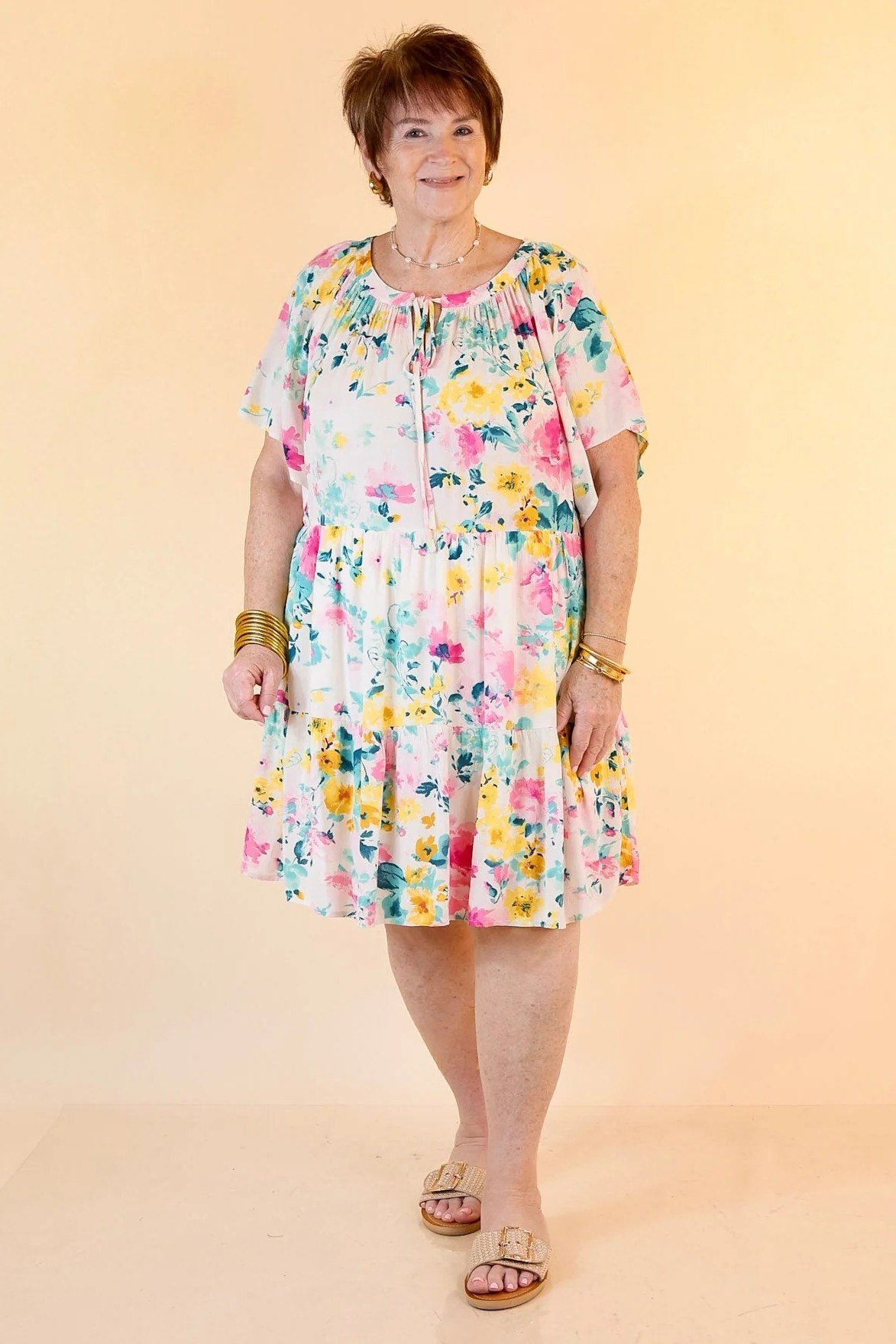Pastel floral tunic summer dress for older women