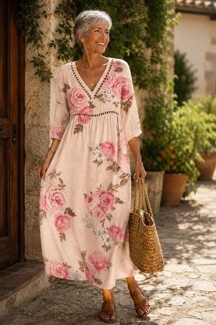 Pink rose print maxi summer dress for older women