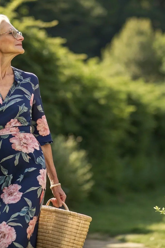 Navy floral midi summer dress for older women side view