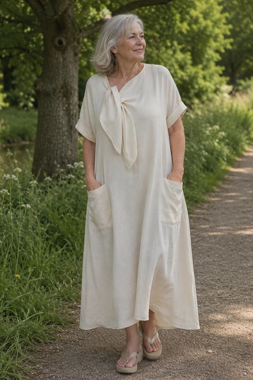 White linen maxi summer dress for older women