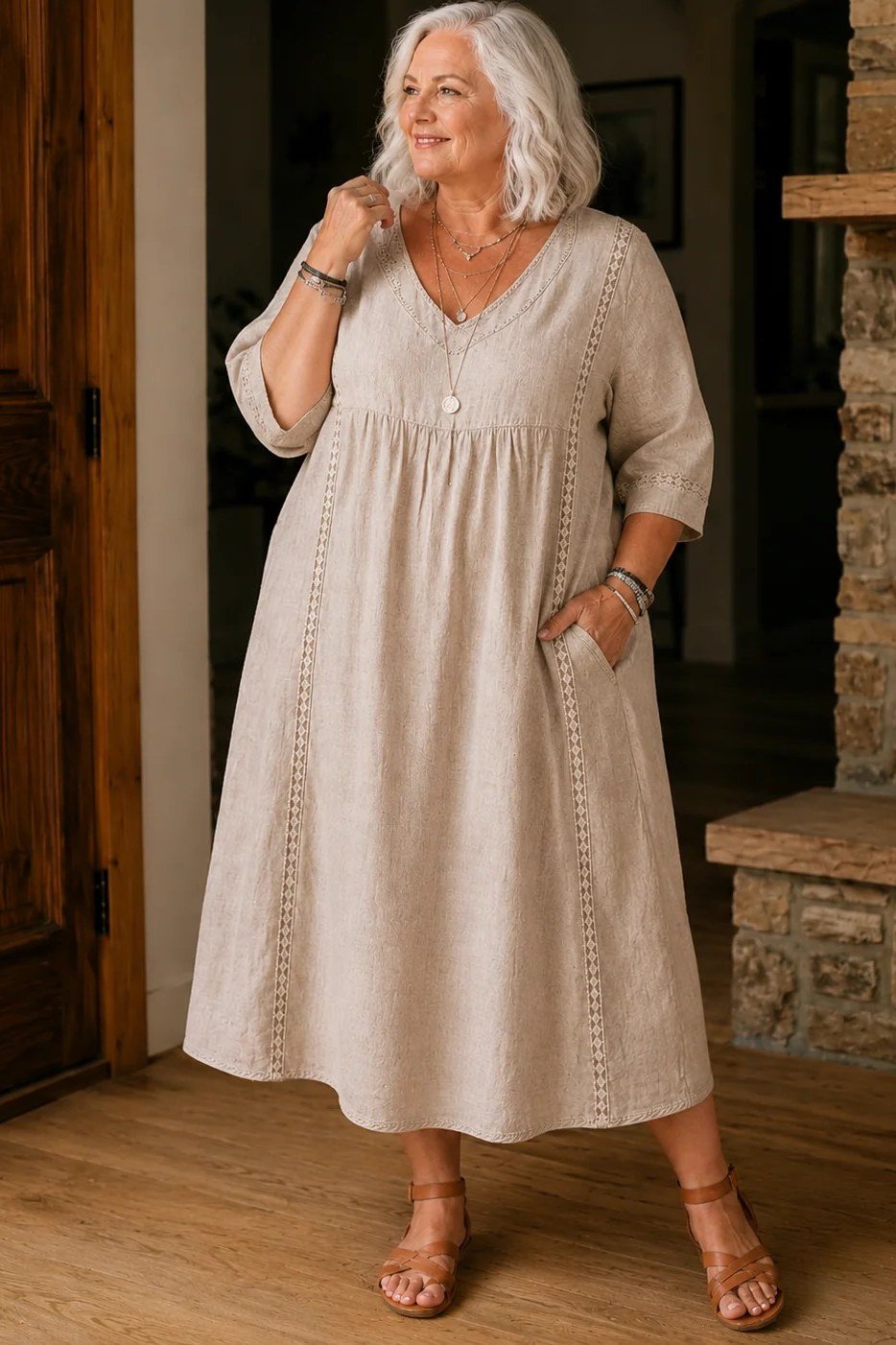 Beige linen midi summer dress for older women