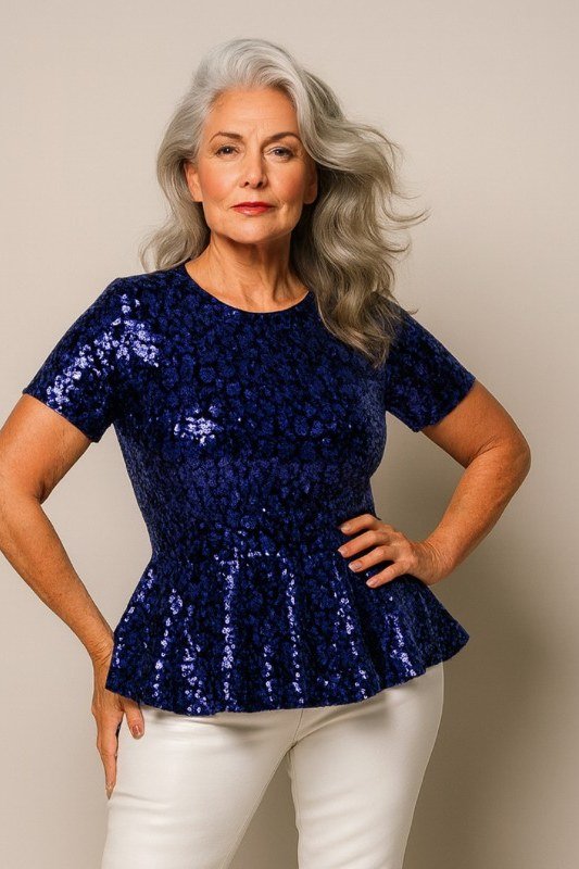 royal blue sequin peplum top, evening outfit for women over 50
