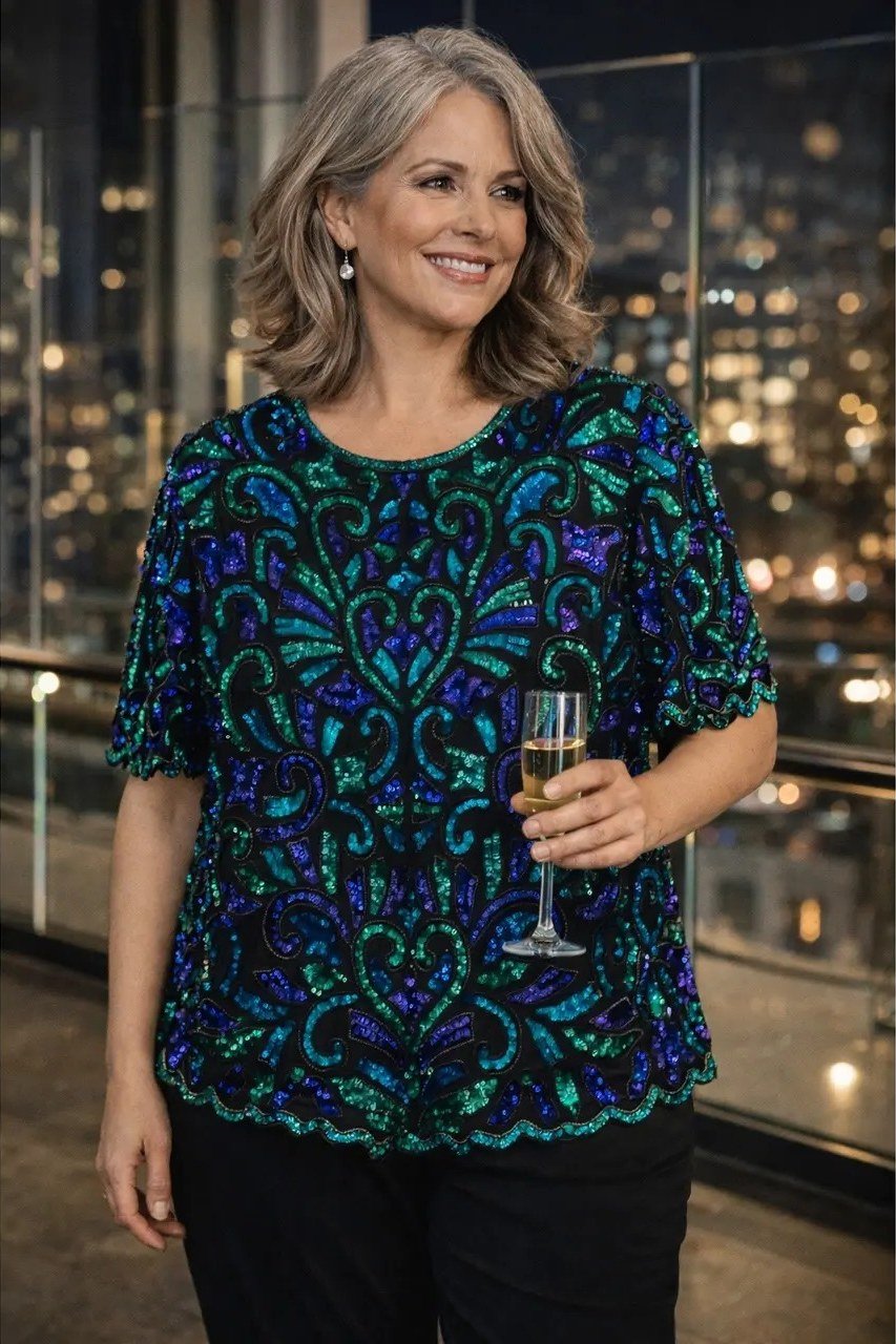 teal sequin top with heart motif, evening outfit for women over 50