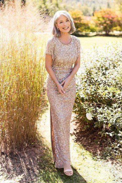 champagne sequin column gown outdoors, evening outfit for women over 50