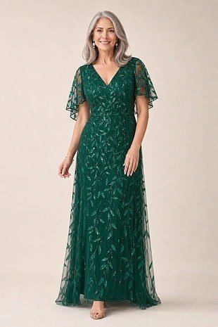 emerald sequin v-neck flutter gown, evening outfit for women over 50