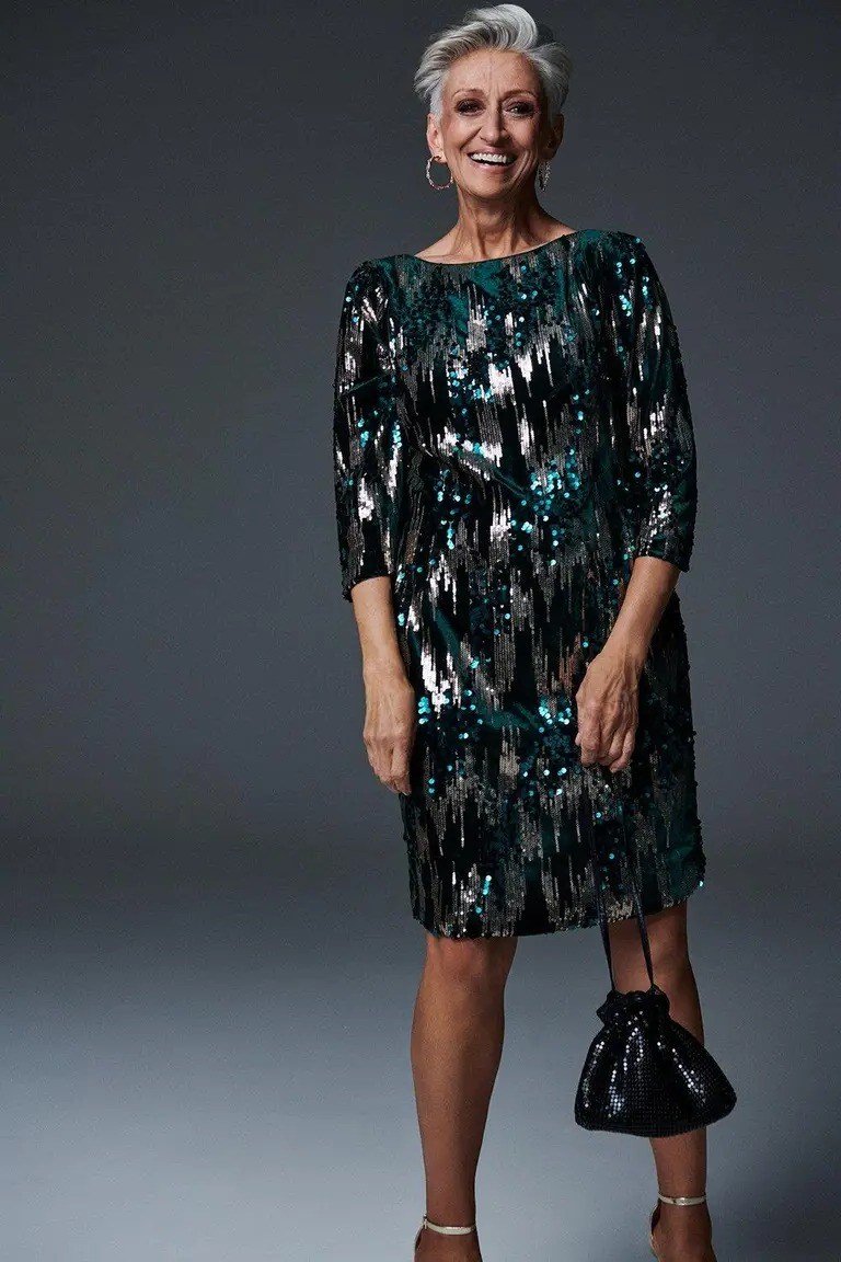 teal and silver sequin cocktail dress, evening outfit for women over 50
