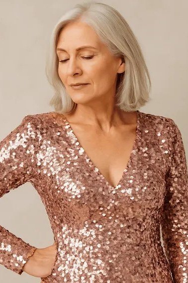 rose gold sequin v-neck gown, evening outfit for women over 50