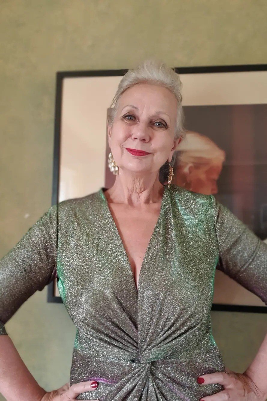 olive gold sequin wrap dress, evening outfit for women over 50