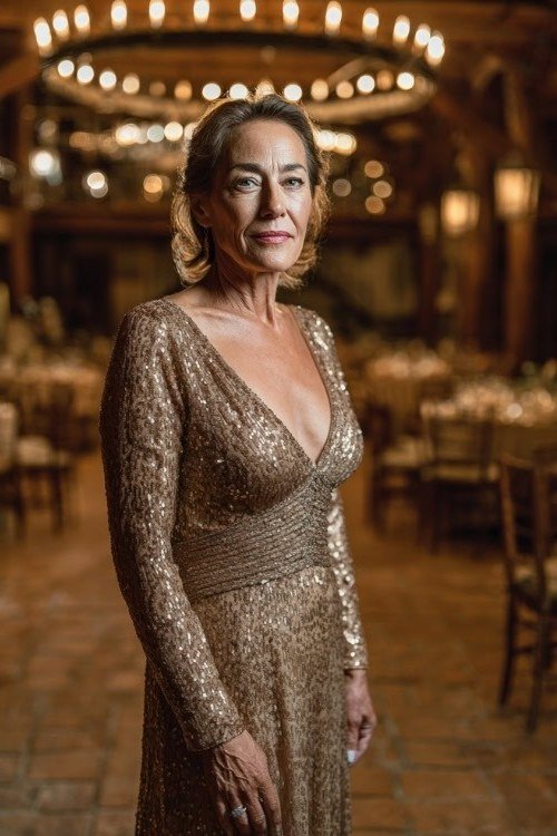 gold sequin long-sleeve gala gown, evening outfit for women over 50