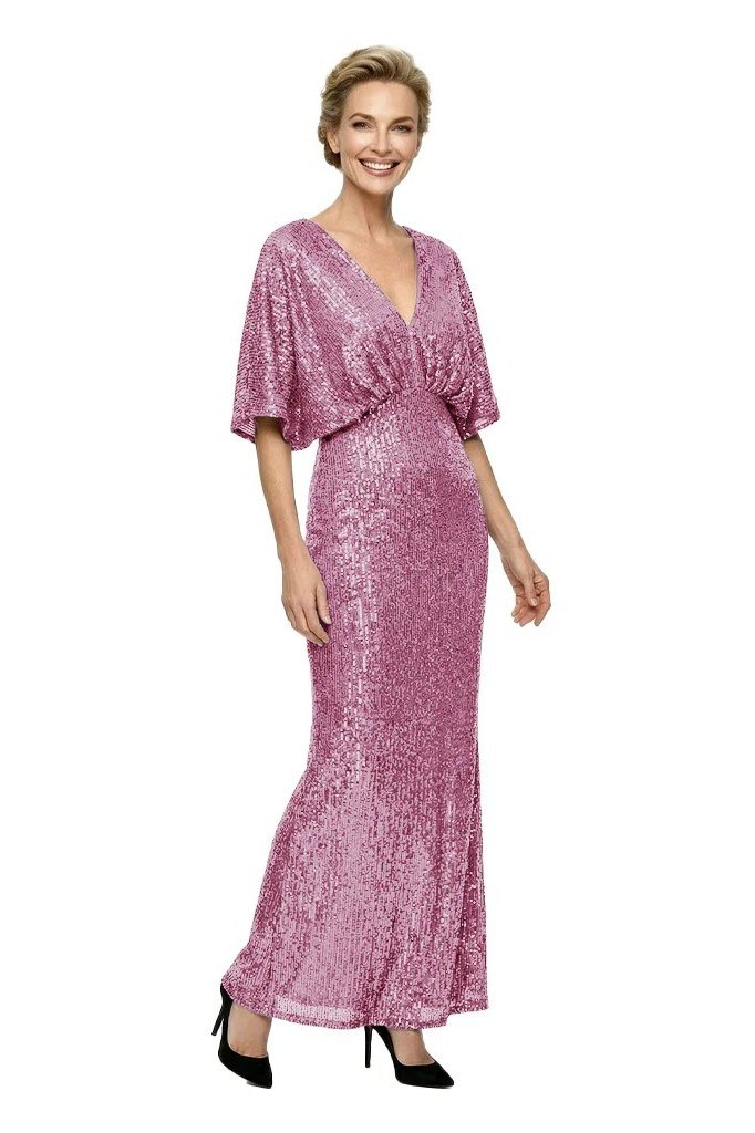 pink sequin v-neck gown with flutter sleeves, evening outfit for women over 50