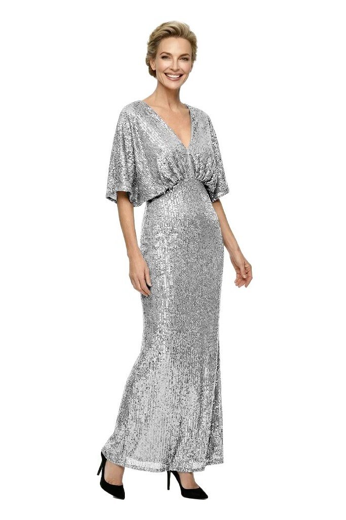 silver sequin v-neck gown with cape sleeves, evening outfit for women over 50