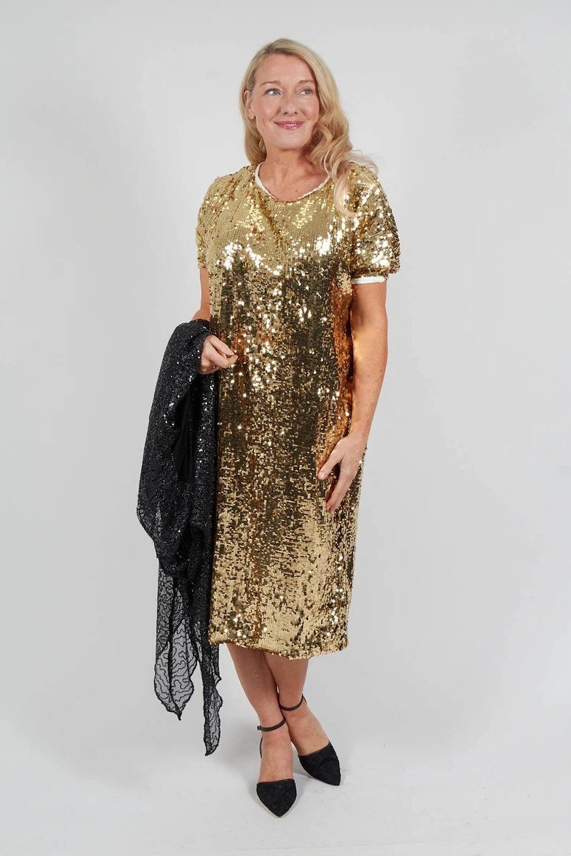 gold sequin midi dress with black lace shawl, evening outfit for women over 50