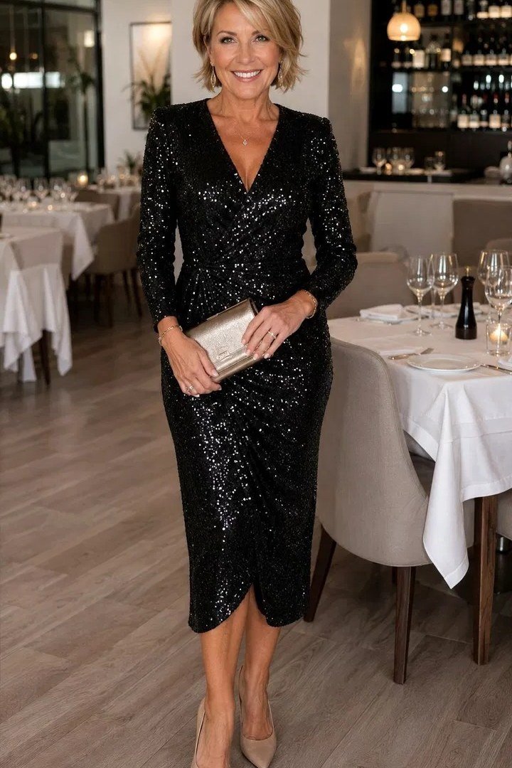 black sequin wrap cocktail dress, evening outfit for women over 50
