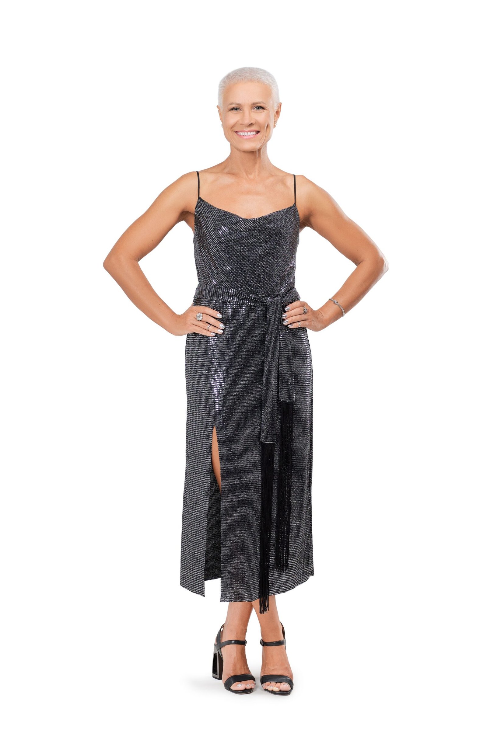 black spaghetti-strap sequin slip dress, evening outfit for women over 50