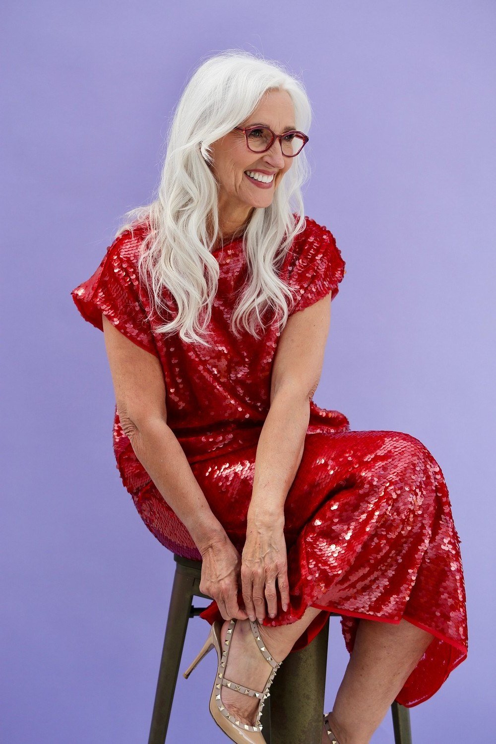red sequin short-sleeve midi dress, evening outfit for women over 50