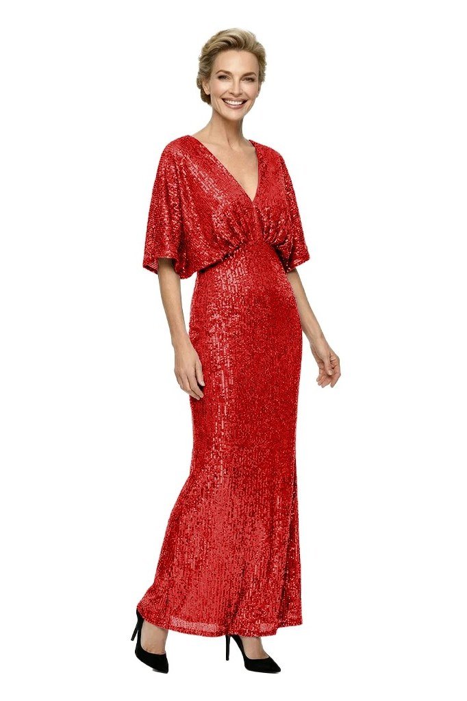 red sequin floor-length v-neck gown, evening outfit for women over 50