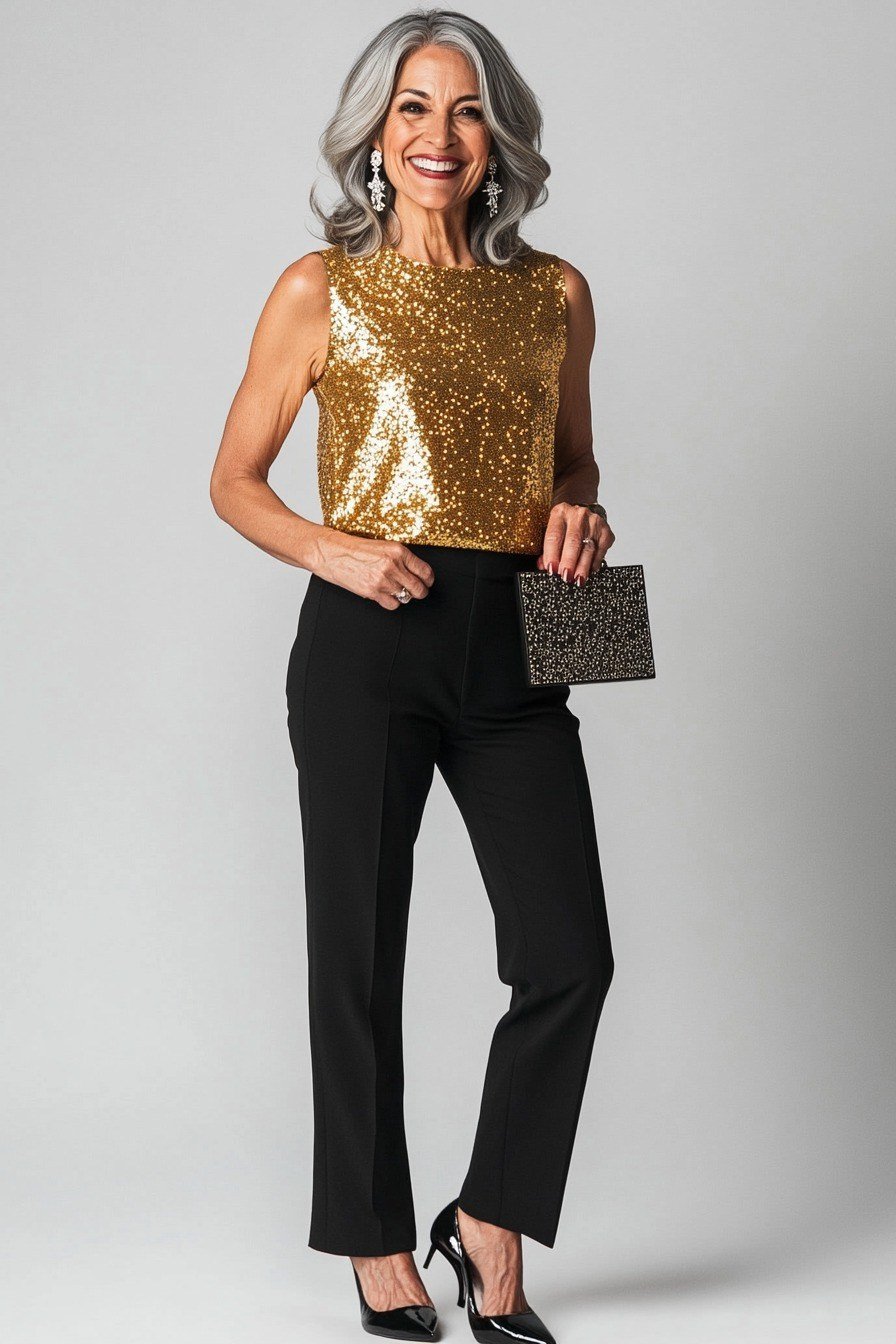gold sequin tank top with black trousers, evening outfit for women over 50