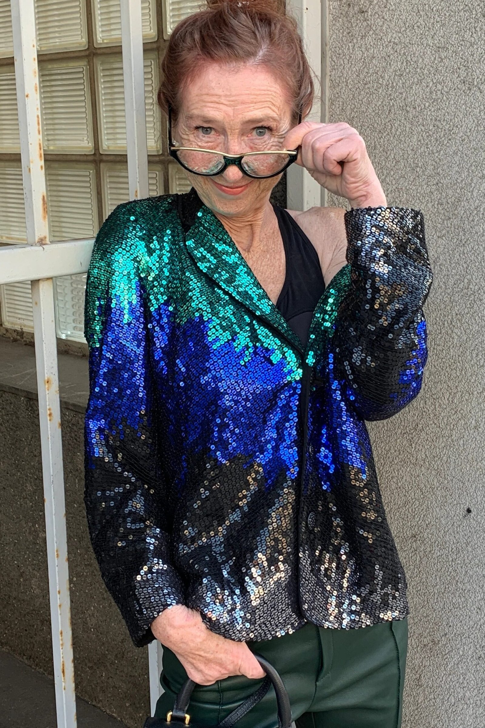 teal blue sequin ombre blazer, evening outfit for women over 50