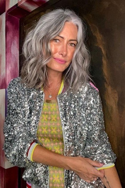 silver sequin bomber jacket, evening outfit for women over 50