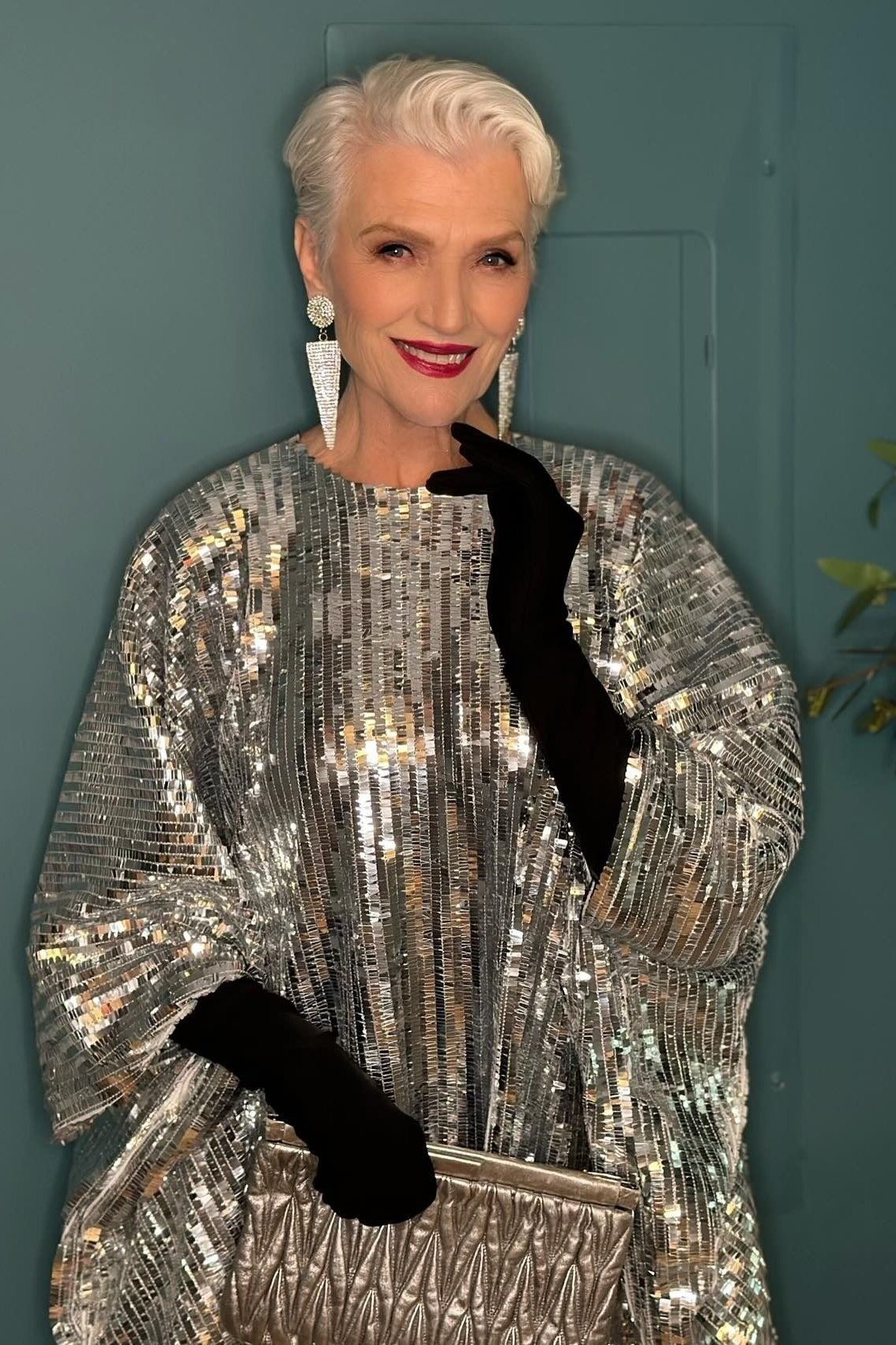 silver sequin kaftan with black gloves, evening outfit for women over 50