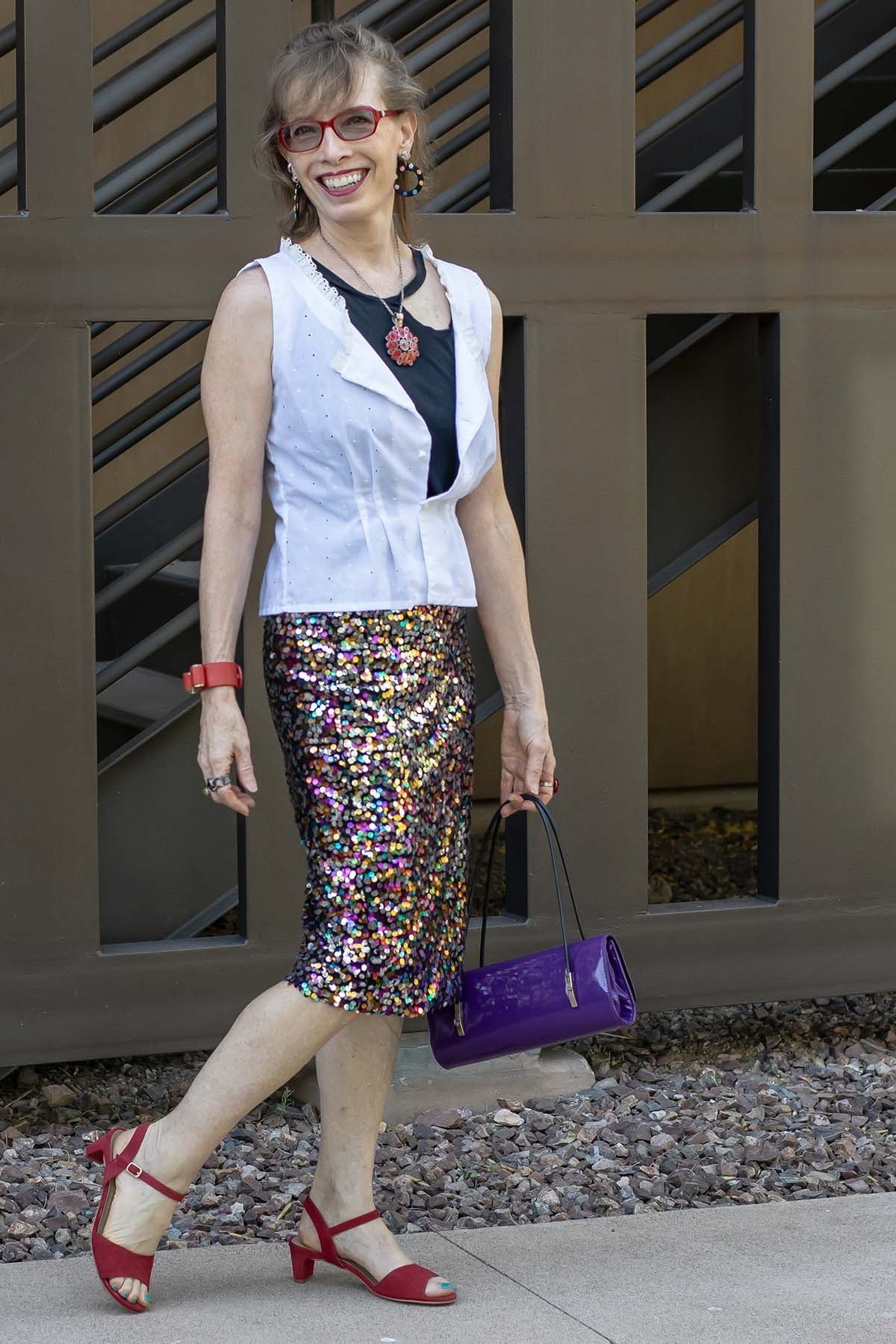 white vest with multicolor sequin skirt, evening outfit for women over 50