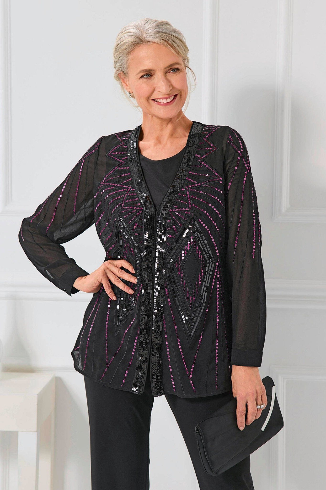 black sequin detail jacket with black pants, evening outfit for women over 50