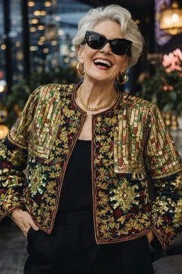 gold embroidered sequin jacket over black, evening outfit for women over 50