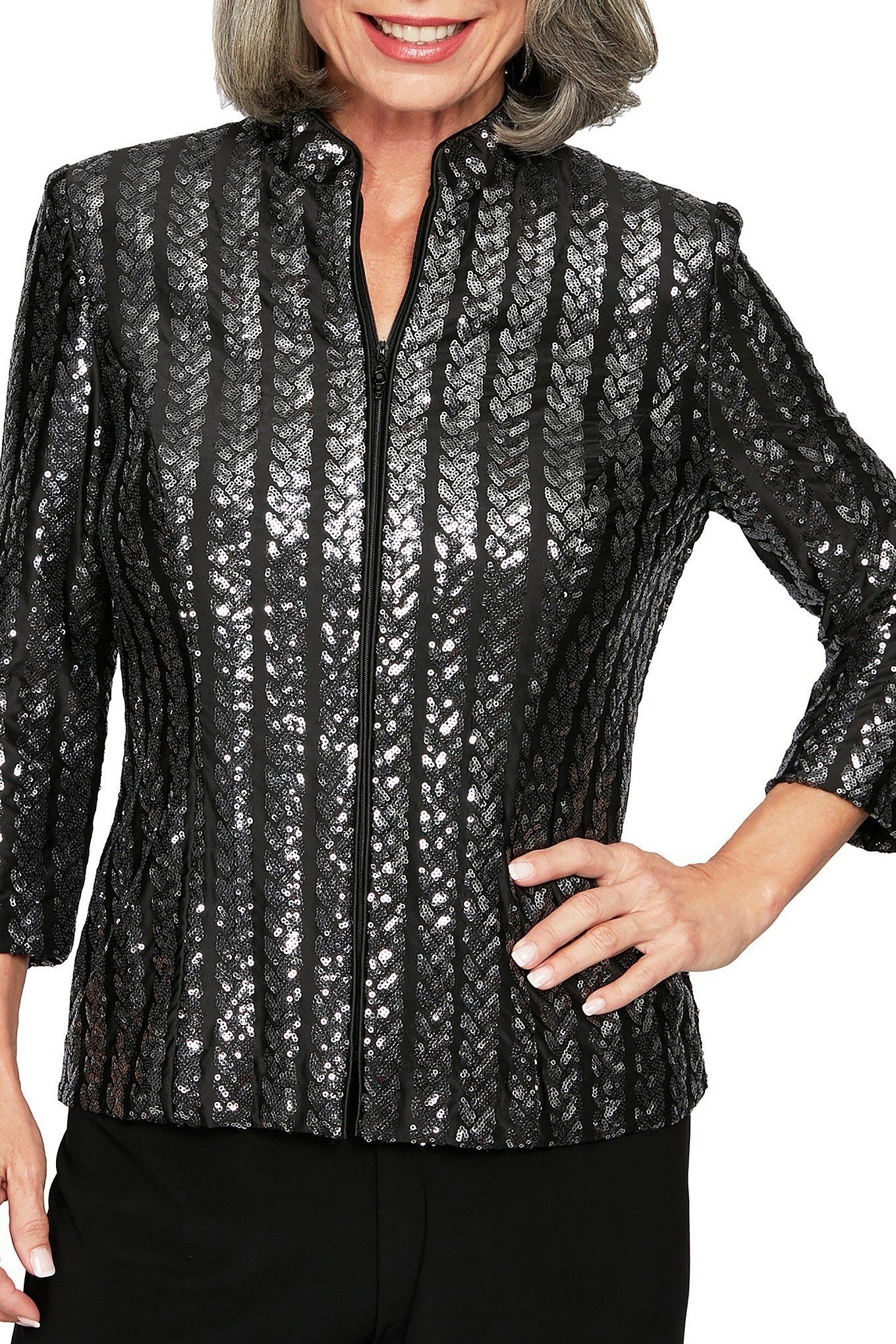 black and silver sequin striped jacket, evening outfit for women over 50