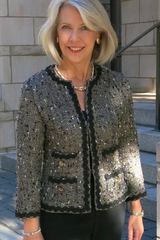 silver tweed sequin jacket with black top, evening outfit for women over 50