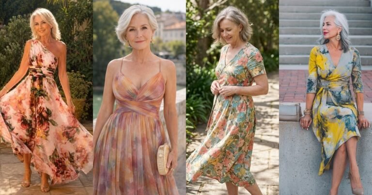 Collage of 2026 summer fashion trends for women over 60: floral maxi dresses, white dresses, and elegant evening looks