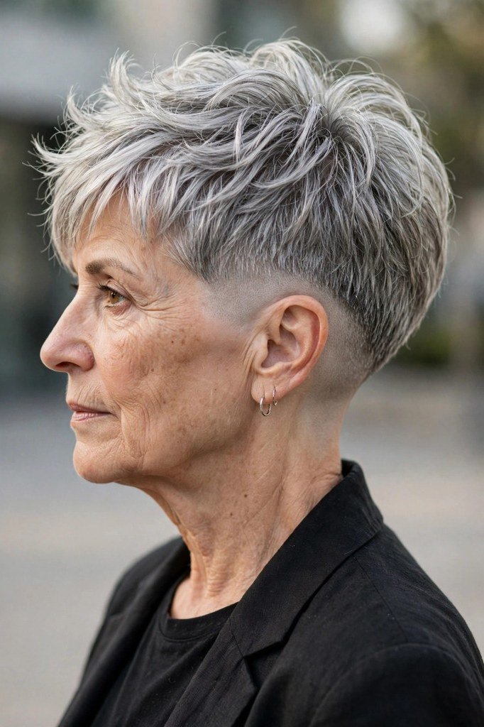 5. Silver Undercut Pixie with a Longer Top - short haircut for women over 70 with thin hair