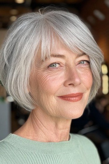 19. Silver Bob with Soft Bangs - short haircut for women over 70 with thin hair
