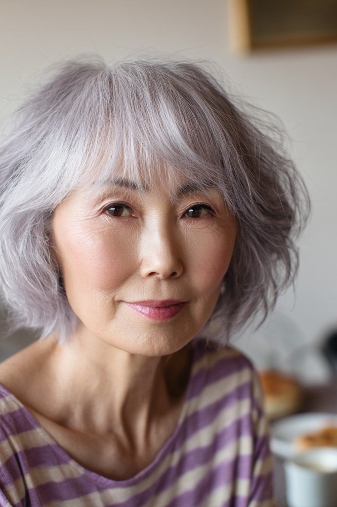 21. Silver Bob with Feathered Ends - short haircut for women over 70 with thin hair
