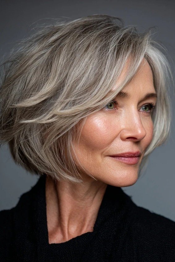 23. Classic Silver Bob with a Smooth Finish - short haircut for women over 70 with thin hair