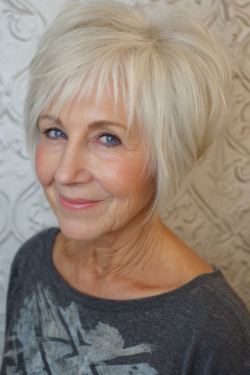 25. White Bob with Full Bangs - short haircut for women over 70 with thin hair